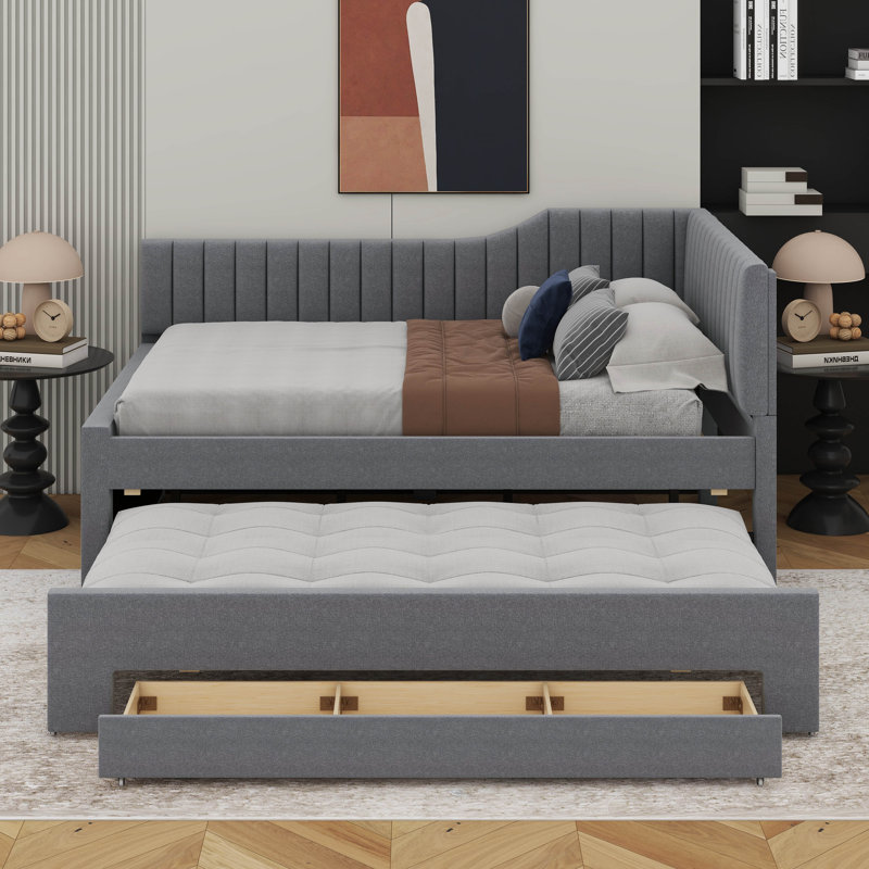 Upholstered Daybed With Trundle And Drawers, Gray, Full