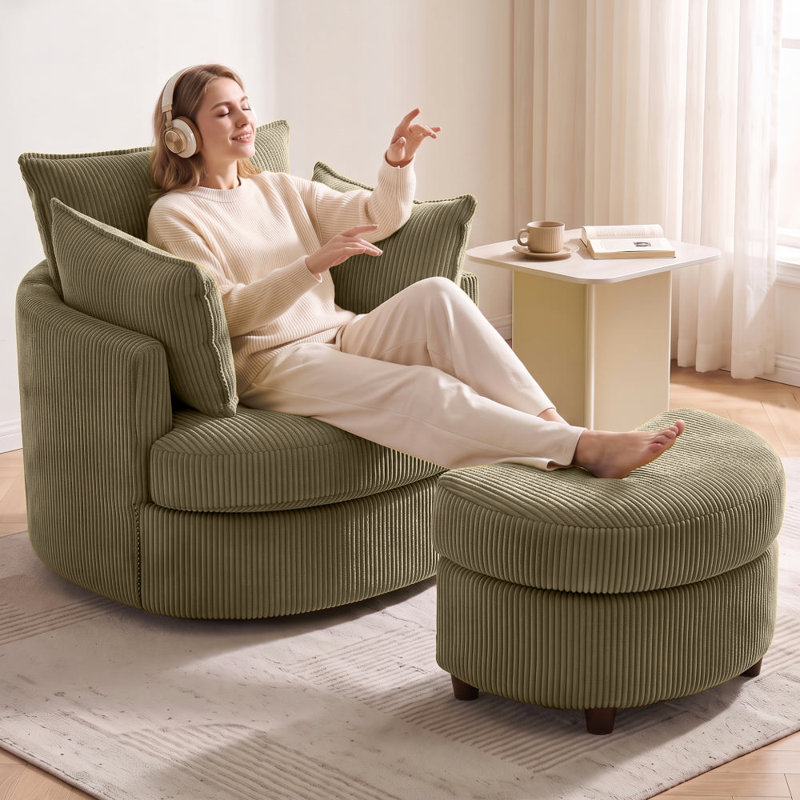 Corduroy Upholstered Swivel Barrel Accent Chair with Hidden Storage Ottoman, Round Lounge Chair for Living Room, Brown