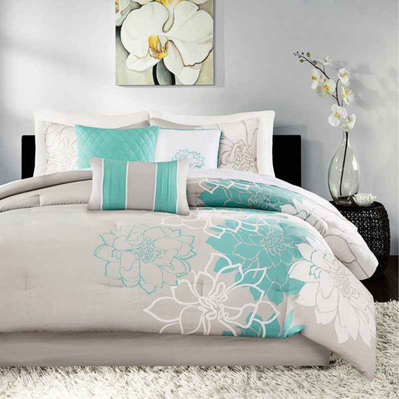 Lit simple / simple TG - édredon en coton imprimé avec rembourrage, gracieuse jupe de lit, 2 taies décoratives, 3 coussins décoratifs