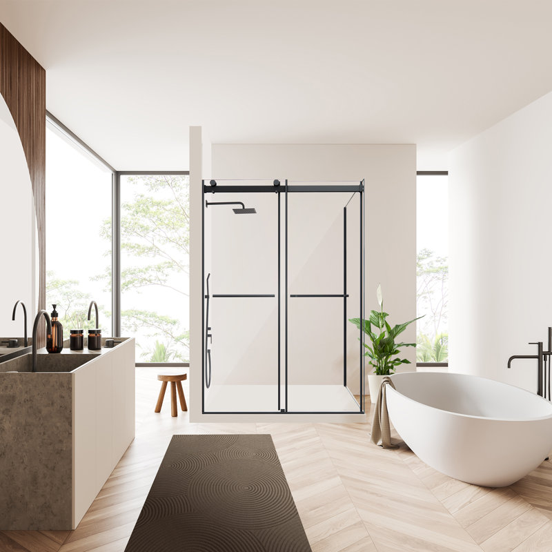 Belizzi 52" W x 76" H Frameless Matte Black Shower Enclosure with Clear Glass
