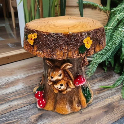 Chaise d'appoint en forme de lapin 12,6 pouces en résine, décoration artistique unique, siège de loisirs rond pour patio, terrasse et espace de vie