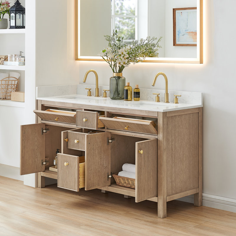 Lala 60" Double Bathroom Vanity with Grain White Engineered Stone Countertop without Mirror, Nature Oak
