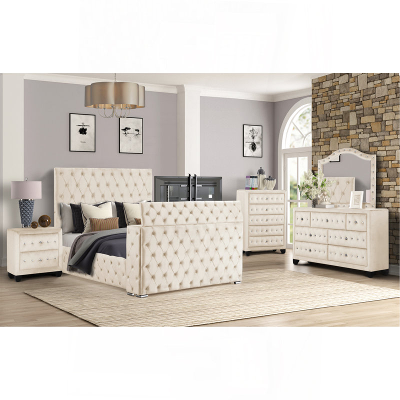 Ensemble de chambre à coucher capitonnée et rembourrée 5 pièces Encore , Beige