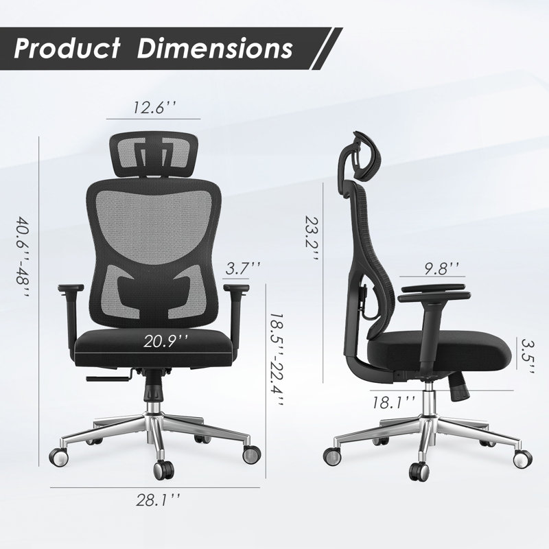Ergonomic Office Chair,Mesh Desk Chair with Adjustable Lumbar Support and Headrest,Comfy Computer Chair with 3D Armrest Recling Swivel Chair for Home and Office,Black & Black