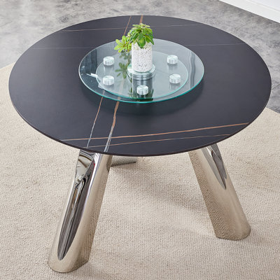 Table luxueuse en pierre frittée de 42 po: plateau durable + pieds en acier, capacité, surface veinée noire résistante aux taches et à la chaleur - conception minimaliste moderne.