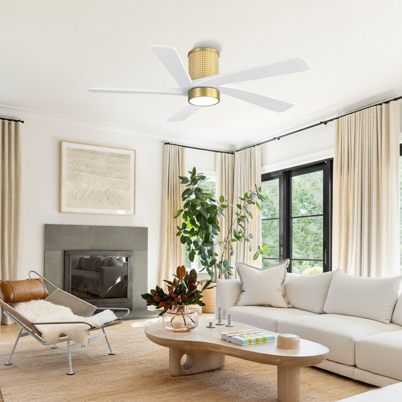  5 Solid Wood Blades Flush Mount Ceiling Fan Woven Rattan Cover DC Motor With Remote Light, 48" Wide, White/NAB Gold