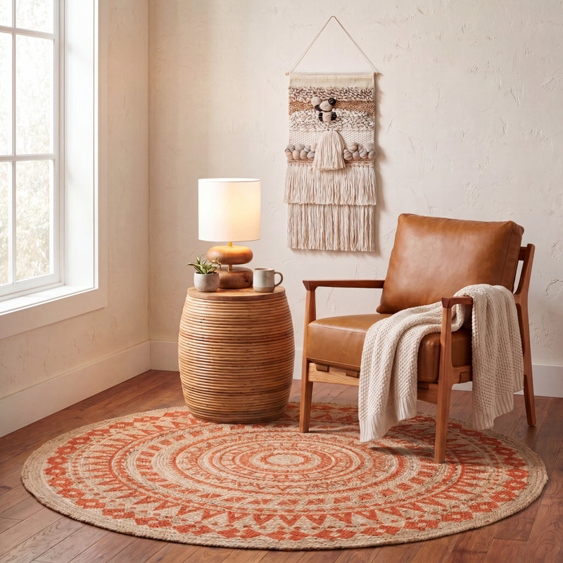 Tapis oriental rond tissé à la main à motif oriental orange, Rond 6 pi x 6 pi