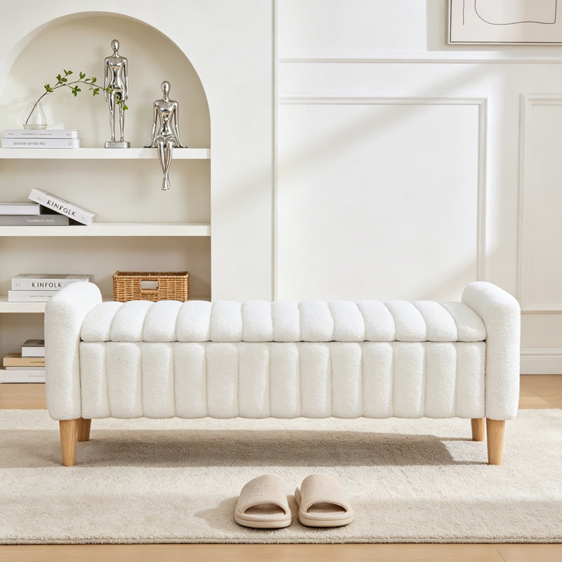 Banc de rangement capitonné avec dessus en bois 63,3 po, Ivoire ivoire
