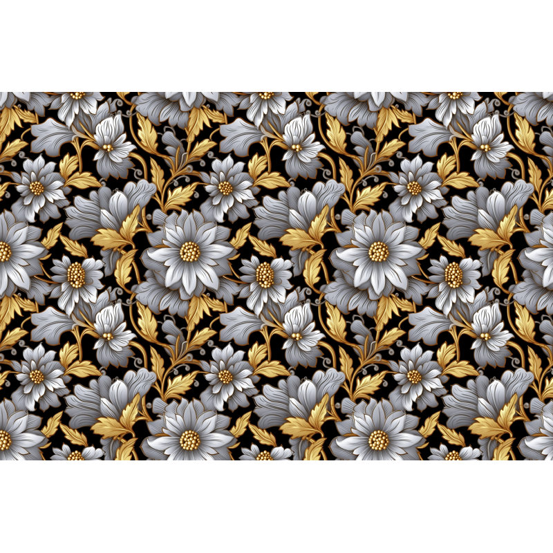 Machine Printed Comforter, Queen Comforter, Gold/Silver/Black Floral