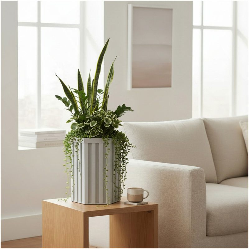 Hexagon Column Planter SM - White, White, 16.25" H x 9.13" W x 10.5" D