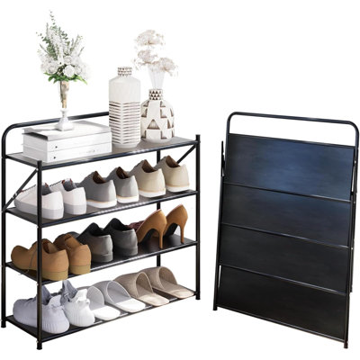 4 Tier No-Assembly Shoe Rack, Foldable Shoes Rack Organizer Without Installation, Portable Solid Metal Shoe Shelves For Closet, Entryway, Front Door Entrance