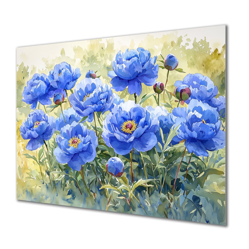 Pivoines bleues dans la prairie I - Grandes pivoines, art mural en métal, H 12 po x l 20 po