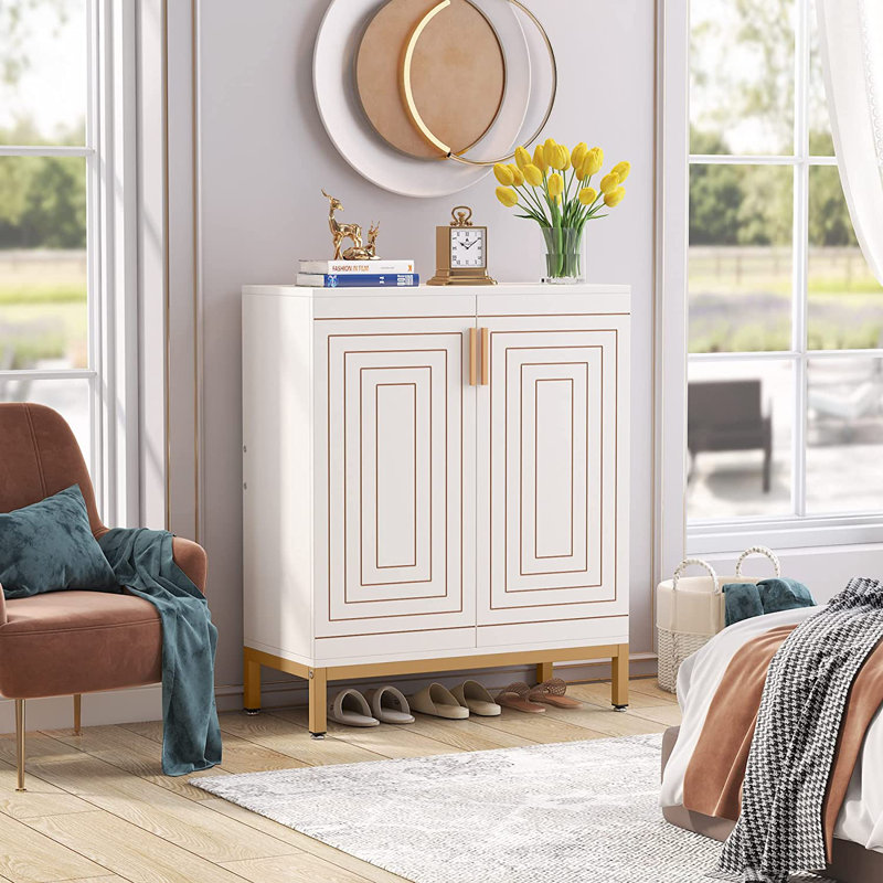 Dracut 20 Pair Shoe Storage Cabinet, White/Gold