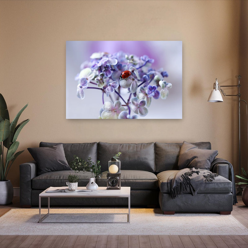 Ladybug On Purple Bloom Colorful Delicate Peaceful Ladybug Flower Nature Wall Art Print by Ellen van Deelen - 1 Piece Wrapped Canvas Wall Art