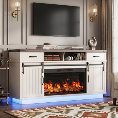  TV Stand for 80" TVs with Fireplace Insert, Sliding Barn Doors, LED Lights & Floating Legs, Rustic Storage Media Console