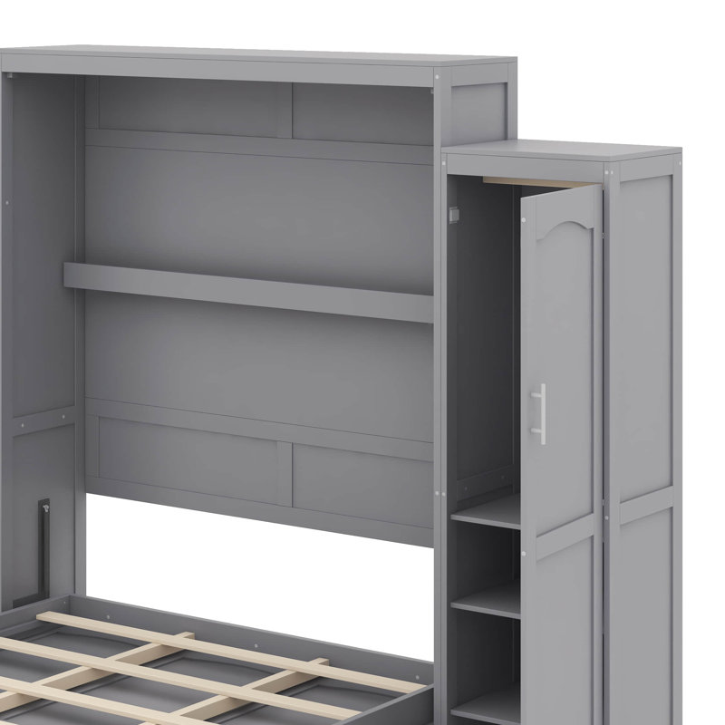 Grand lit escamotable avec garde-robe et tablette de rangement, Gris, Grand lit