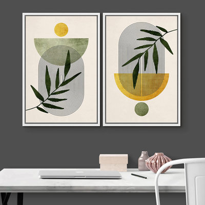 Mid Century Modern Boho IDEA4WALL Framed Canvas Print Wall Art Set Forest Plant Pastel Polygons Abstract Shapes Illustrations  Art Decorative Colourful For Living Room, Bedroom, Office