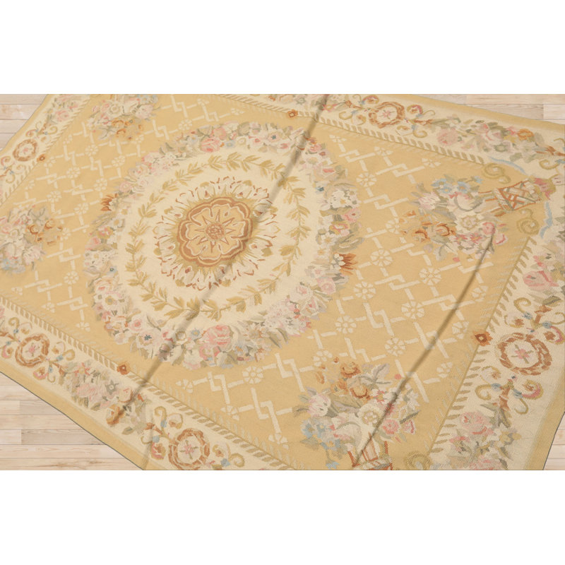 Tapis traditionnel français en laine tissé à la main kaki 4 x 6 Aubusson