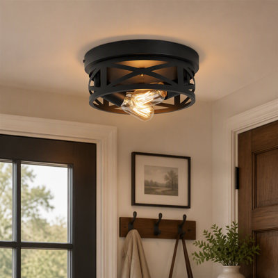 Ensemble de deux plafonniers industriels à double tête noir mat, boîtier en métal de style cage, conception de maison de campagne ronde, adaptée aux cuisines, aux salles de bain, aux couloirs et aux entrées. Ampoules non incluses.