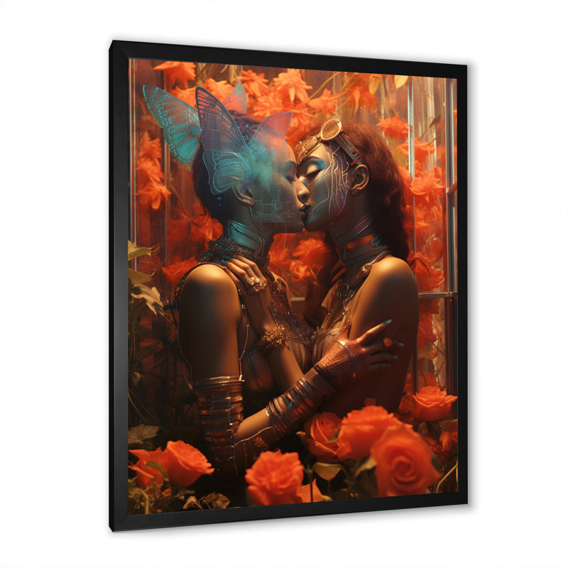 Portrait rétro d'amoureux s'embrassant sur toile, H 32 po x l 24 po x P 1 po, Cadre simple noir