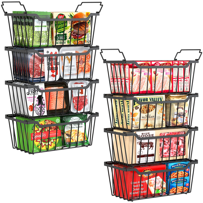 Ensemble de 8 bacs de rangement pour congélateur empilable avec poignée pliable pour 5 à 7 pieds cubes de profondeur, noir, 8