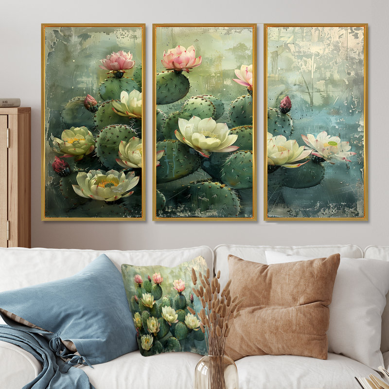 Katniss - ensemble de reproduction d'art mural cactus floral, Cadre flottant doré, H 28 po x l 36 po