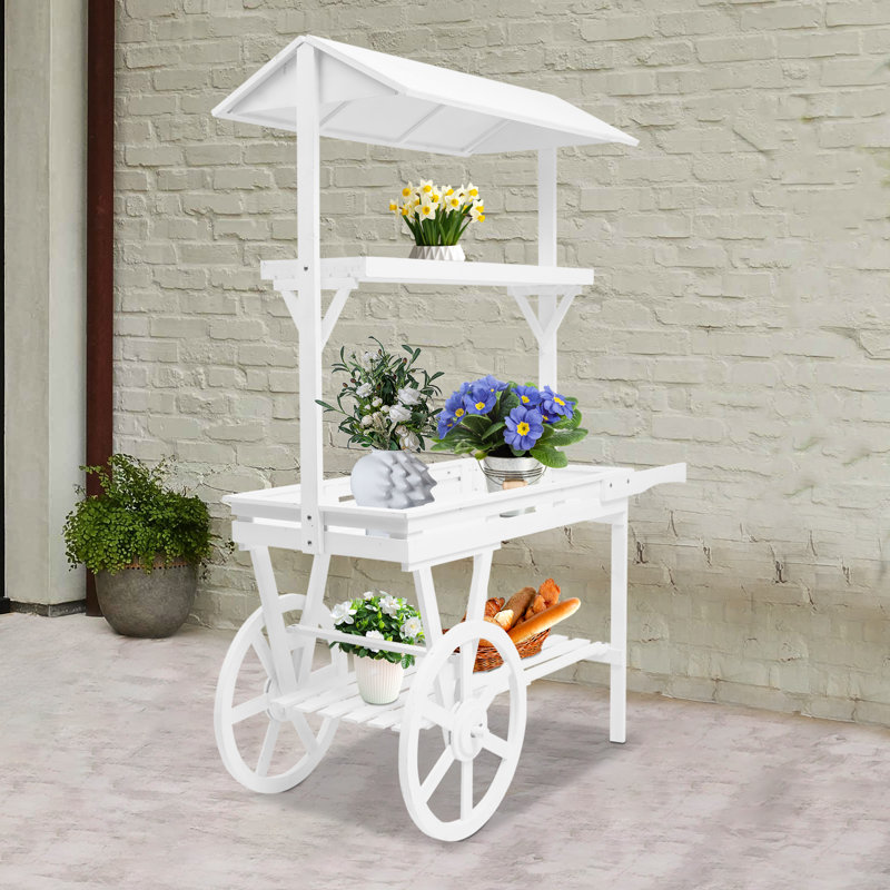 Présentoir d'intérieur en bois à roulettes avec roues pour fleurs, plantes en pot, Blanc