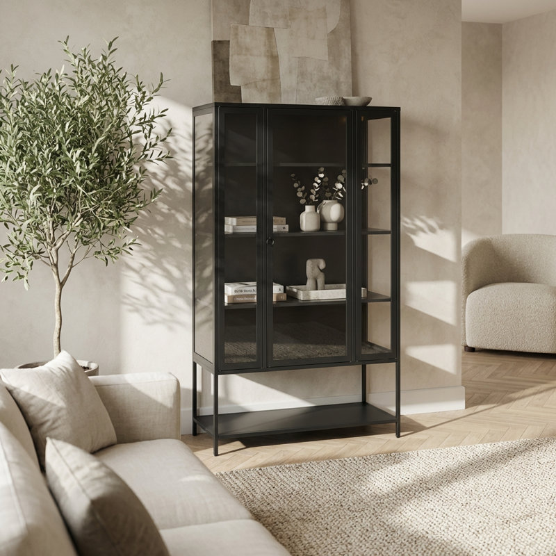 Tall Three-Sided Glass Display Cabinet with Integrated LED Lighting and Adjustable Shelves for Collectibles and Decorative Items