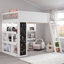 Lit mezzanine double en bois avec lumières DEL, tableau noir, étagères intégrées, blanc-427784832-427784959