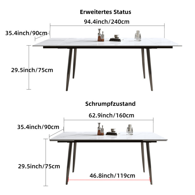 Modern Gloss White Extending Table, 160-240cm Sintered Stone Top with Marble Pattern & Metal Frame（Without chairs） Fast Dispatch From UK Warehouse – Dispatched Within 2 Days