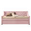 Lit double en velours rose avec lit gigogne - Revêtement en tissu, pattes en bois, design moderne et élégant