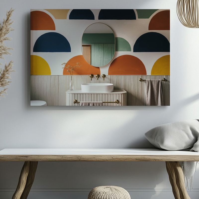 Toile, intérieur de salle de bain moderne, art mural frappant à motif géométrique composé de grands demi-cercles colorés sur toile