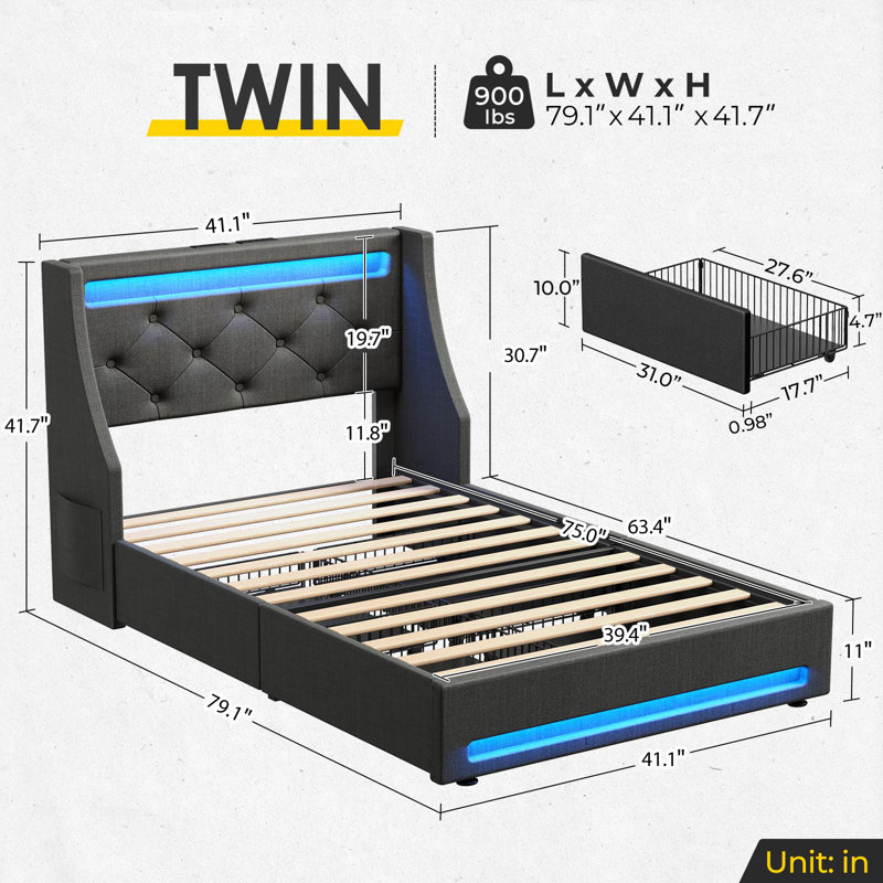 Komor Upholstered Storage Bed with Charging Station and LED Lights, Dark Gray, Twin/Single
