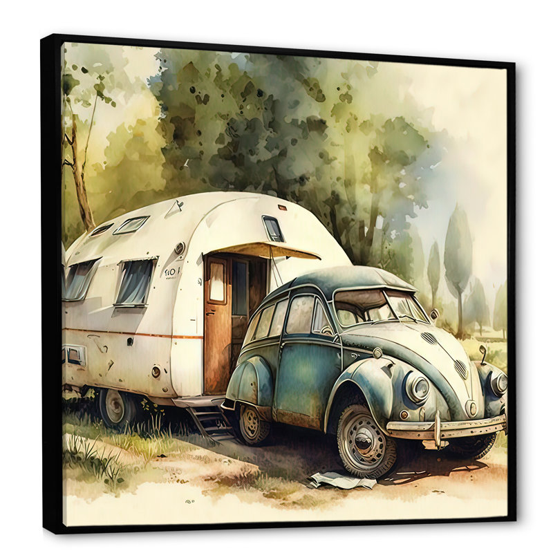 Décoration de camping rétro - peinture sur toile, H 24 po x l 24 po x P 1 po, Toile avec cadre flottant noir