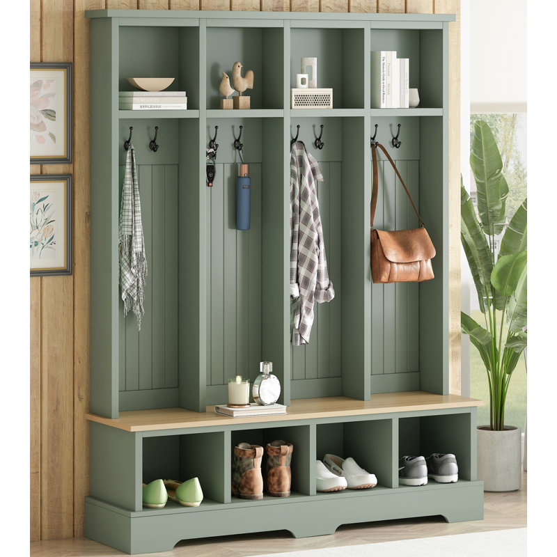 Farmhouse Hall Tree With 8 Hooks,modern 3-in-1 Wooden Style Coat And Shoe Rack For Mudroom, Living Room, Green