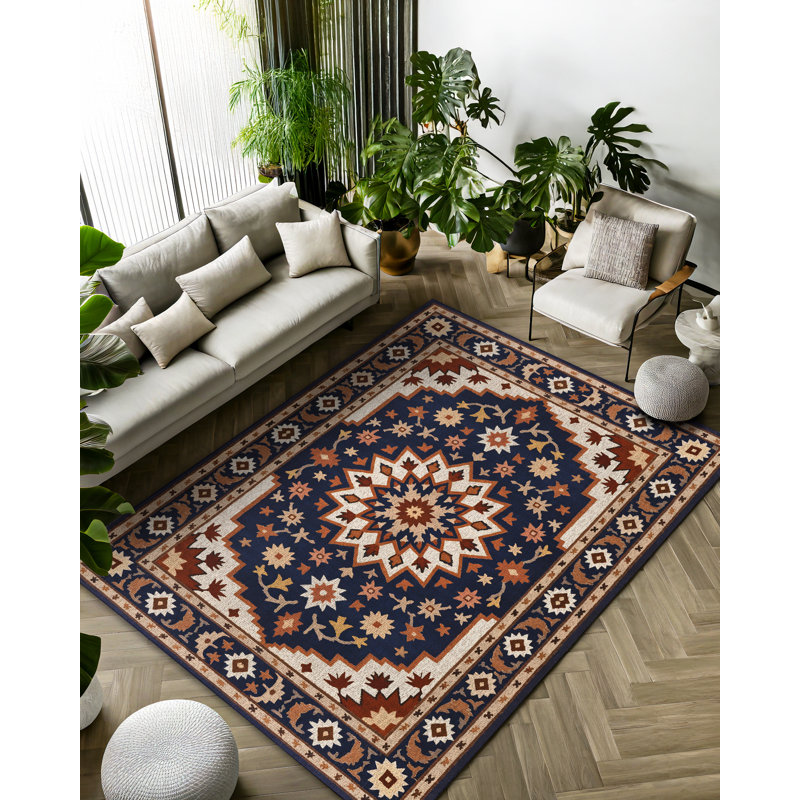 Madeline Collection Digital Print Cotton-Polyester Black Brown Beige Moroccan Rug, Rectangle 6'7" x 8'3"