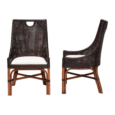 bali & pari Thadius Natural Rattan 2-Piece Dining Chair Set - Handwoven Wicker Accent Chair with Wingback Profile and Cutout Handle, Espresso