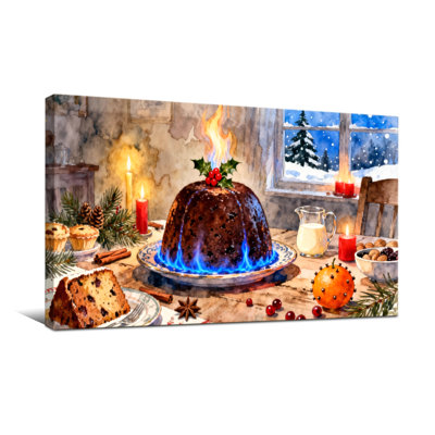 Christmas Christmas Pudding With Flames And Candles