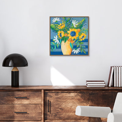 Impression florale sur fond bleu encadrée sur toile par Krinlox