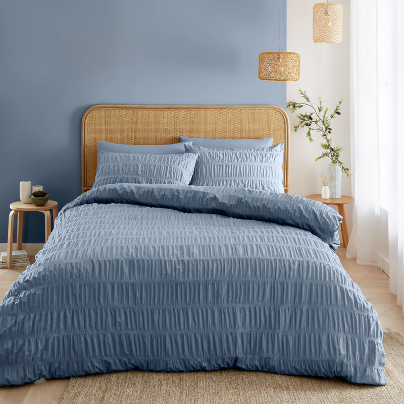 Seersucker Duvet Cover Set with Pillowcases, Double Duvet Cover + 2 Standard Pillowcases, Blue