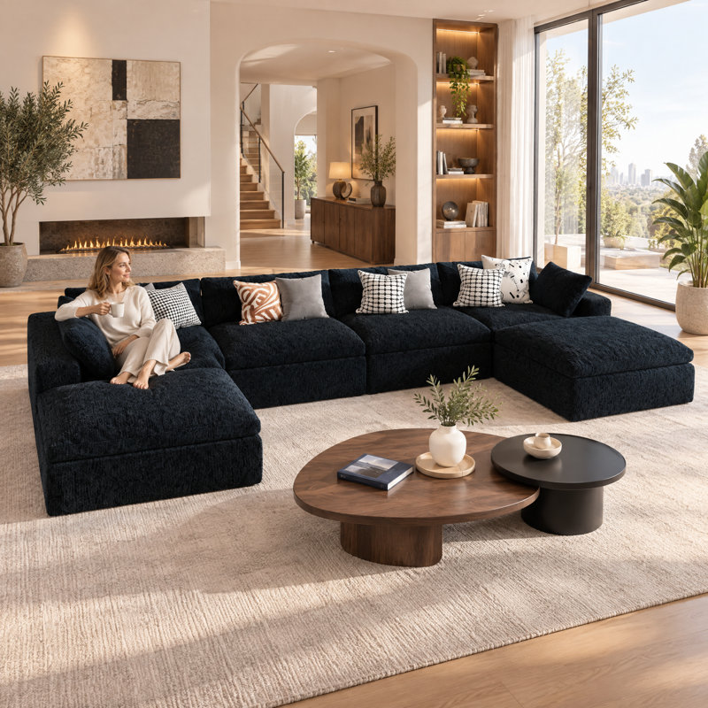 Canapé modulaire à nuage compressé NOIR, L 156 po x P 78 po x H 24 po, Plain Weave