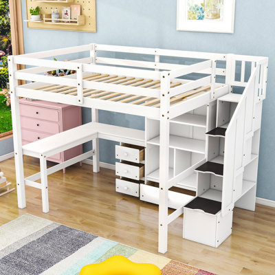 Lit mezzanine double en bois avec bureau en L, 4 tiroirs et rangement
