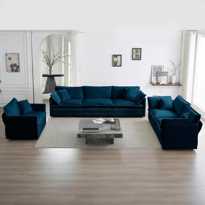 Modern Sofa Couch, 3 Piece Set Extra Deep Seat Sectional Sofa For Living Room, Oversized Sofa, 3 Seat Sofa, Loveseat And Single Sofa, Blue Chenille