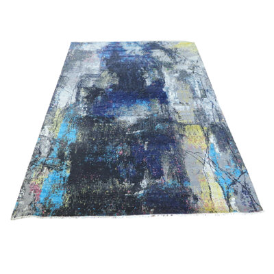 Tapis oriental moderne bleu / rose / ivoire / gris noué à la main à motif abstrait en laine / soie