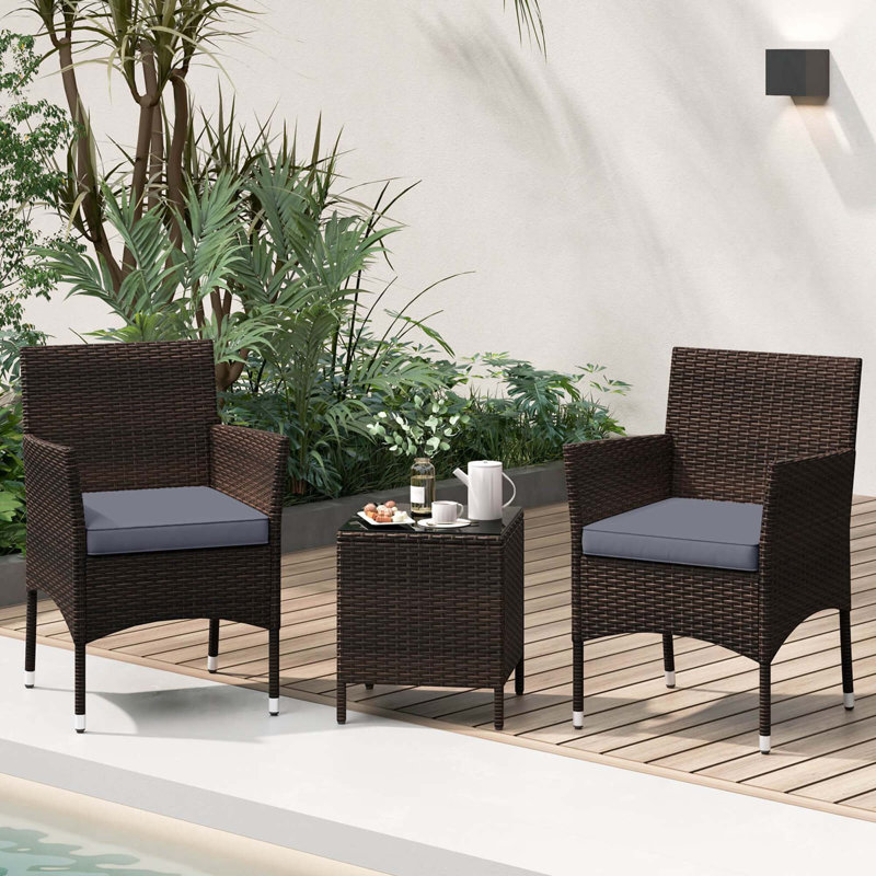 3 Pcs Outdoor Conversation Set With Cushioned Seat & Tempered Glass Tabletop, Gray