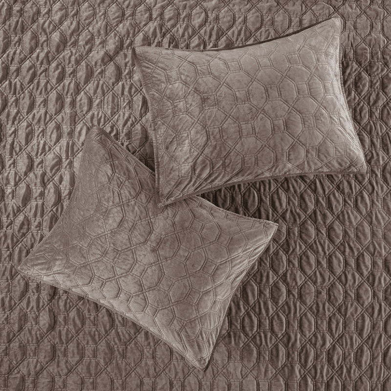 3 pièces de courtepointe en velours taupe double / grand - courtepointe géométrique pour des nuits relaxantes et élégantes, 1 et 2 taies décoratives