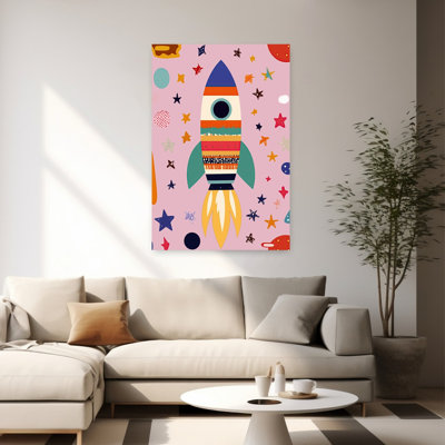 Colorful Space Rocket Colorful Playful Vibrant Landscape Nature Wall Art Print 1 Piece Wrapped Canvas Wall Art