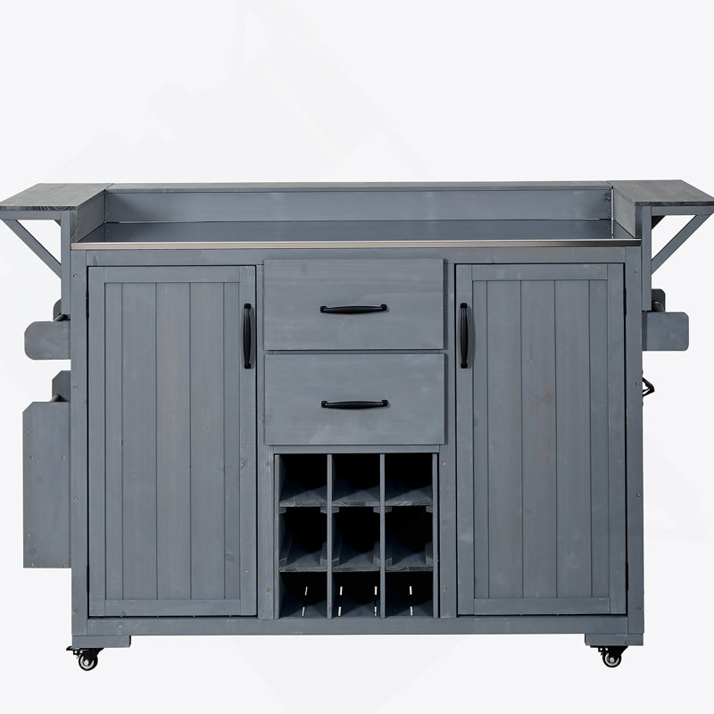 Durable Modern Outdoor Kitchen Island With Stainless Steel Top, Spacious Storage, And Wheels For Easy Mobility, Gray, Gray