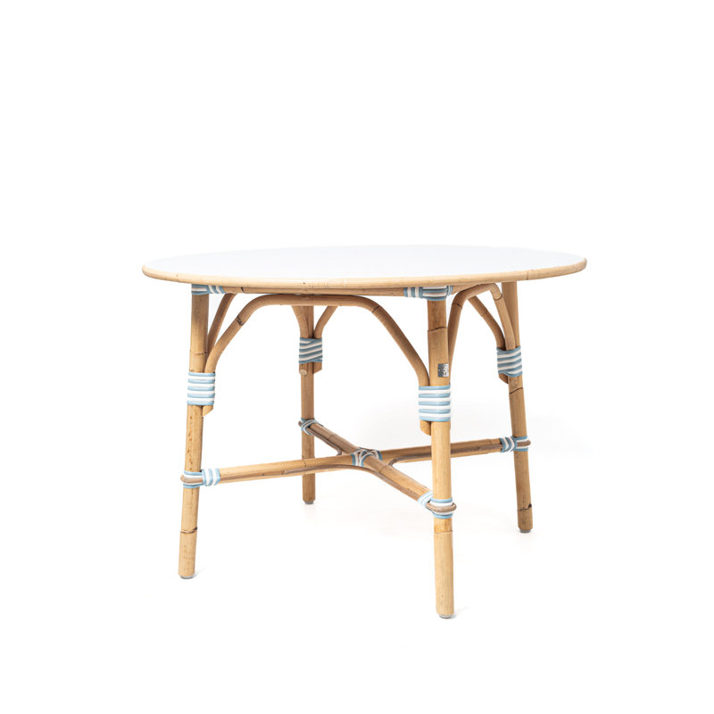 Kids Rattan Bistro Table – Round French Style Indoor Outdoor Play & Dining Table, White/Ocean Blue
