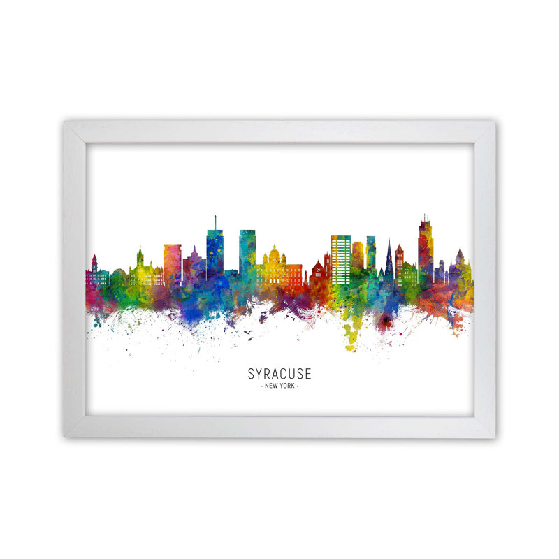 Syracuse New York Skyline by Michael Tompsett - Print, 25cm H x 34cm W x 3cm D, White Framed
